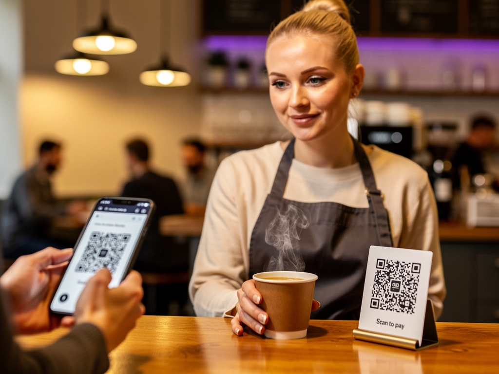 Klient skanuje kod QR w kawiarni przy zamówieniu kawy