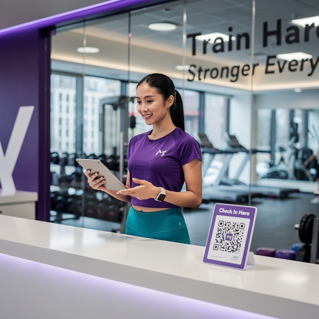 Recepcjonistka w centrum fitness przy stanowisku z kodem QR do programu lojalnościowego