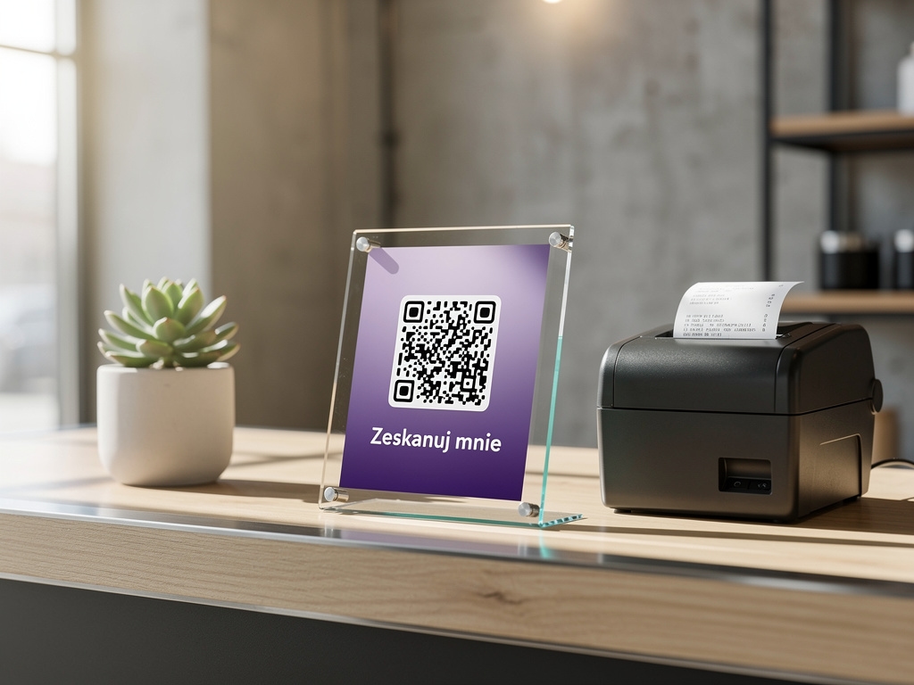 Wydrukowany kod QR systemu lojalnościowego umieszczony przy kasie w sklepie
