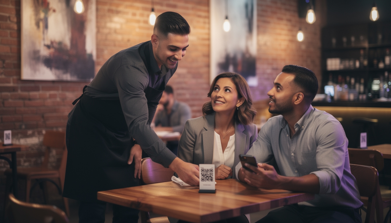 Para w restauracji korzystająca z programu lojalnościowego na smartfonie